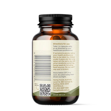 Brown bottle of Plant-Based Omega Hemp Seed Oil Capsules with label detailing directions and product information.