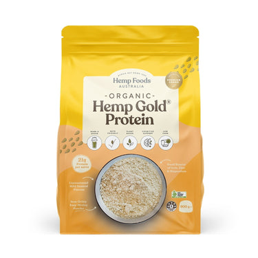 Organic Hemp Gold® Hemp Protein Powder with 60% protein content, plant-based, creamy texture, made from organic hulled hemp seeds.