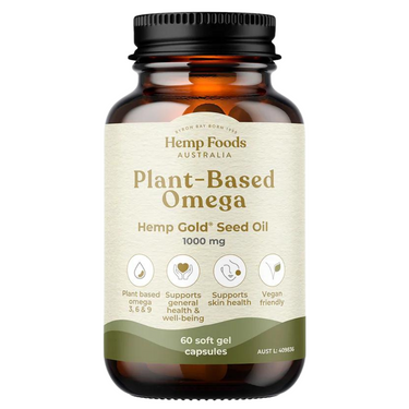 Plant-Based Omega Hemp Seed Oil Capsules bottle with vegan omega-3 and omega-6 from organic hemp seed oil.