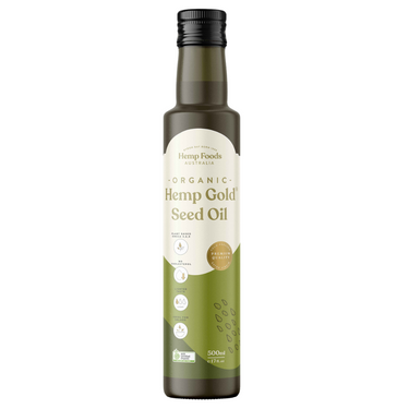 Organic Hemp Gold Seed Oil bottle, rich in Omega fatty acids and Vitamin E, ideal for dressings and wellness.