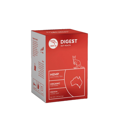 Digestive Tea | Hemp Soothing Tea for Daily Gut Support, 45g box with digestive benefits.