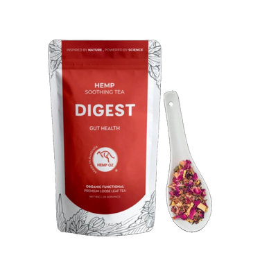 Hemp Digestive Tea for Gut Health with rose petals and fenugreek seeds.