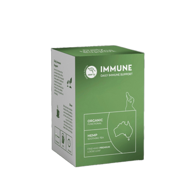 Immune Tea | Hemp Soothing Tea for Daily Immune Support in green packaging.