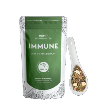 Immune Tea | Hemp soothing tea for daily immune support with medicinal herbs in green packaging.