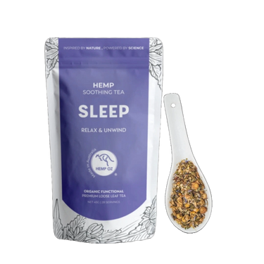 Hemp Soothing Tea Sleep Relax & Unwind packaging with loose leaf herbal blend.