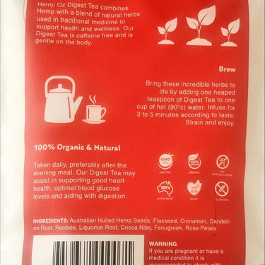 Hemp Digestive Tea packaging featuring digestive health information and brewing instructions.