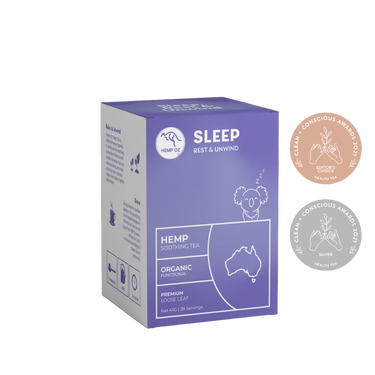 Hemp Soothing Sleep Tea packaging with awards for relaxation.